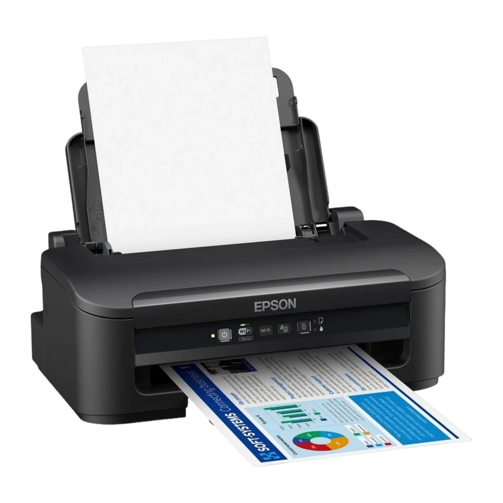 Epson WorkForce WF-2110W preto, vista frontal: painel de controlo com botões WiFi e documento a cores a imprimir - Item1