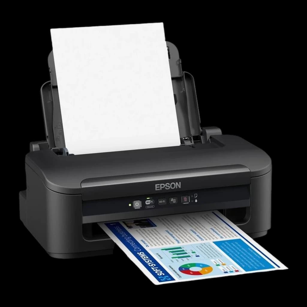 Epson WorkForce WF-2110W noir, angle avant: bac d'alimentation ouvert avec papier chargé et document couleur en sortie