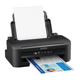 Epson WorkForce WF-2110W noir, angle avant: bac d'alimentation ouvert avec papier chargé et document couleur en sortie