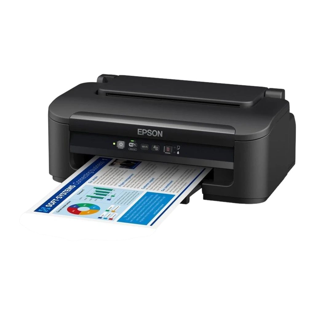Epson WorkForce WF-2110W preto, vista frontal: painel de controlo com botões WiFi e documento a cores a imprimir - Item2