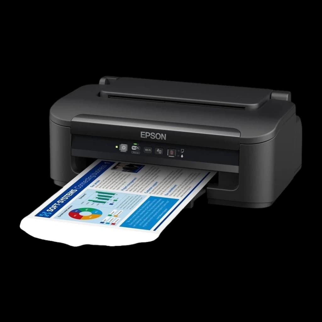 Epson WorkForce WF-2110W noir, angle latéral gauche: bac fermé, document couleur sortant par l'avant