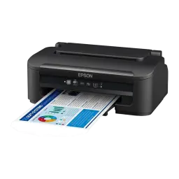 Epson WorkForce WF-2110W noir, angle latéral gauche: bac fermé, document couleur sortant par l'avant