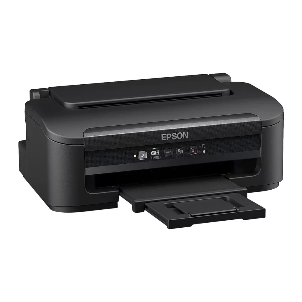 Epson WorkForce WF-2110W preto, vista frontal: painel de controlo com botões WiFi e documento a cores a imprimir - Item3
