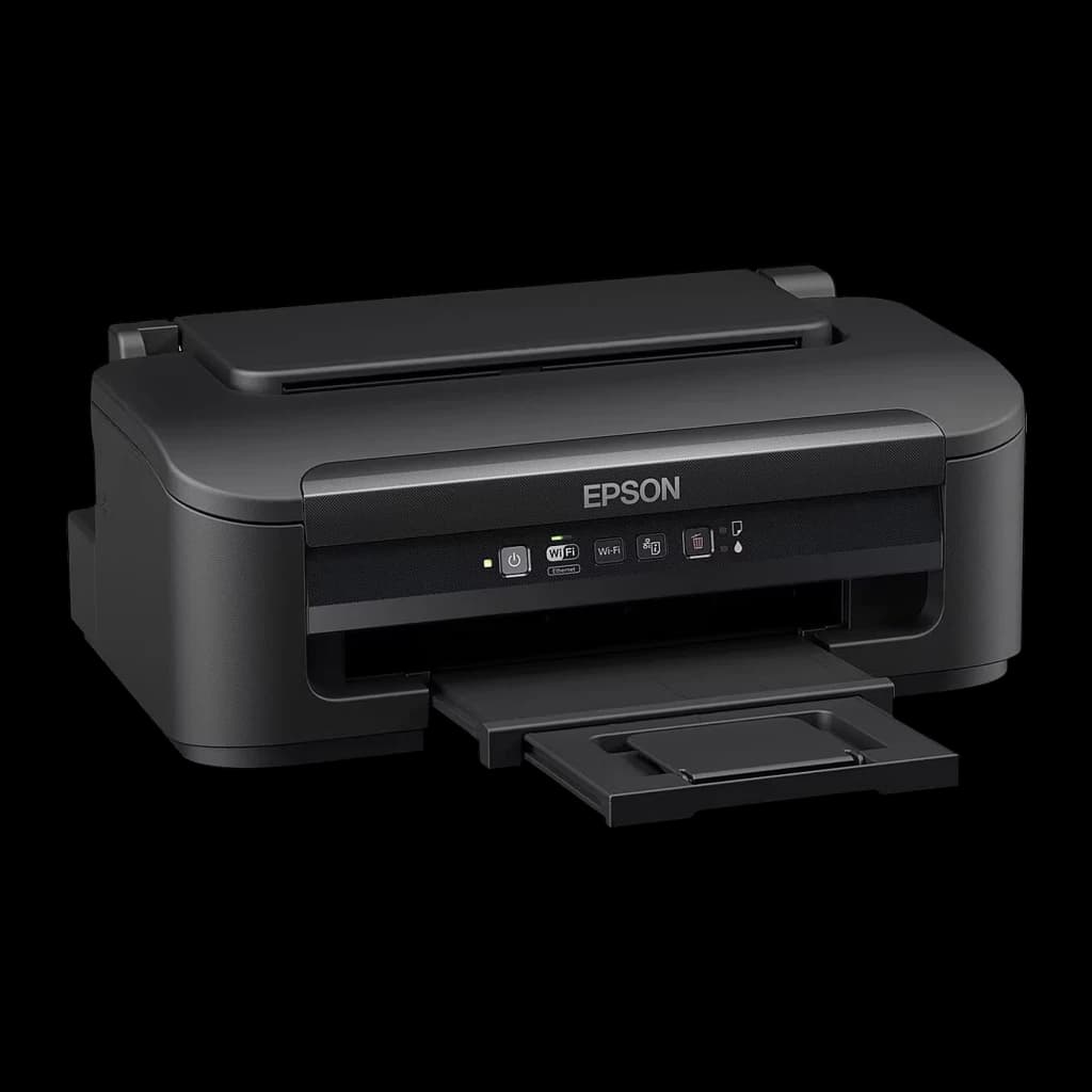 Epson WorkForce WF-2110W noir, angle avant droit: bac de sortie ouvert et vide, aucun document en cours d'impression