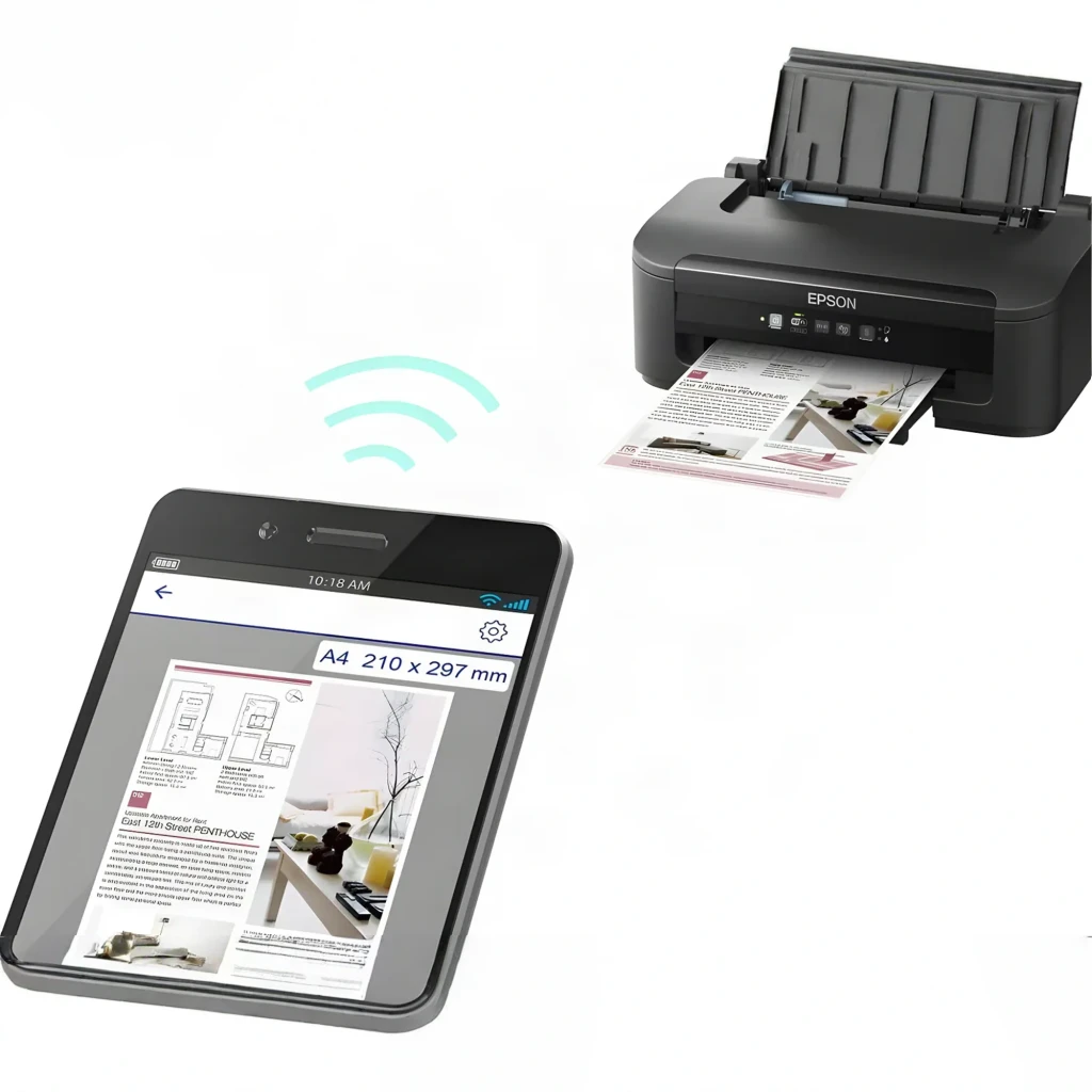 Epson WorkForce WF-2110W preto, vista frontal: painel de controlo com botões WiFi e documento a cores a imprimir - Item5