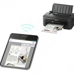 Epson WorkForce WF-2110W noire, vue d'utilisation: impression sans fil depuis smartphone avec icône WiFi et document