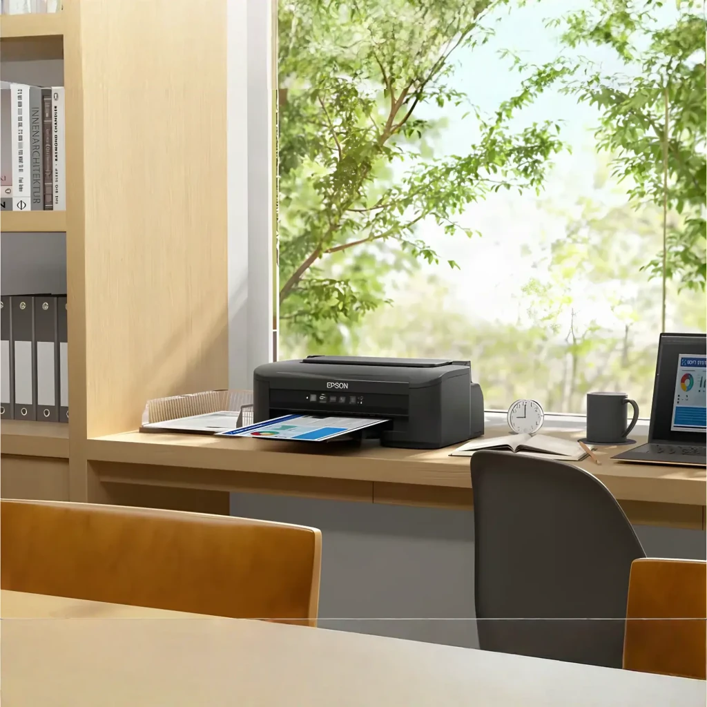 Epson WorkForce WF-2110W preto, vista frontal: painel de controlo com botões WiFi e documento a cores a imprimir - Item4