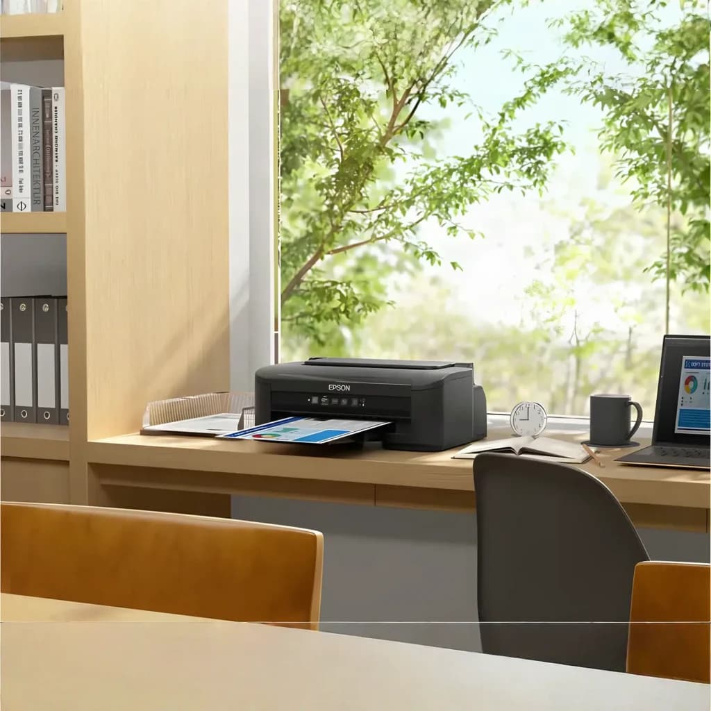Epson WorkForce WF-2110W noir, vue lifestyle: imprimante sur bureau près fenêtre avec laptop et classeurs