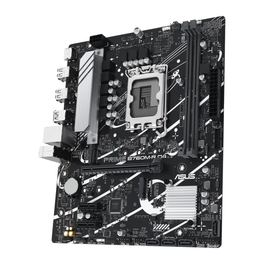 ASUS Prime B760M-R D4 preto, vista frontal com caixa: placa-mãe Micro ATX e embalagem oficial juntas - Item2