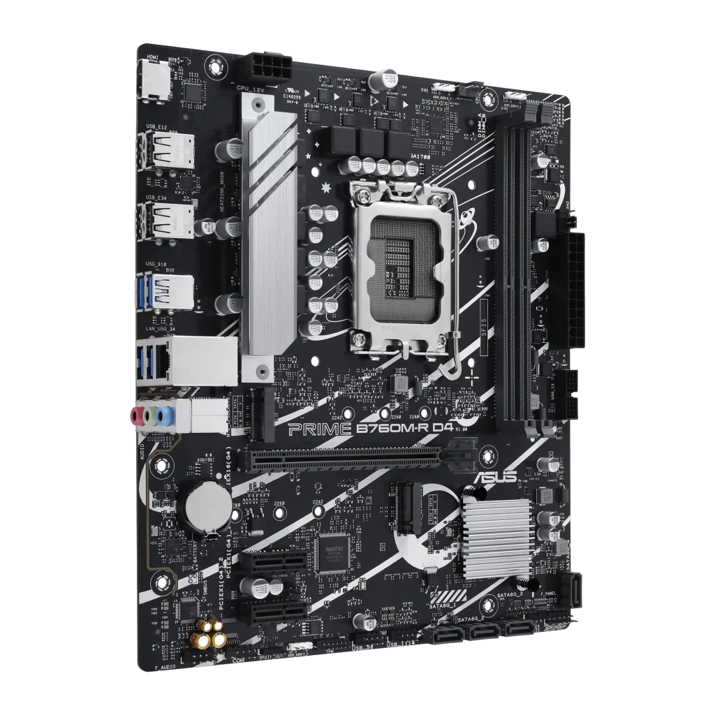 ASUS Prime B760M-R D4 preto, vista frontal com caixa: placa-mãe Micro ATX e embalagem oficial juntas - Item1