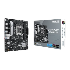 ASUS Prime B760M-R D4 preto, vista frontal com caixa: placa-mãe Micro ATX e embalagem oficial juntas