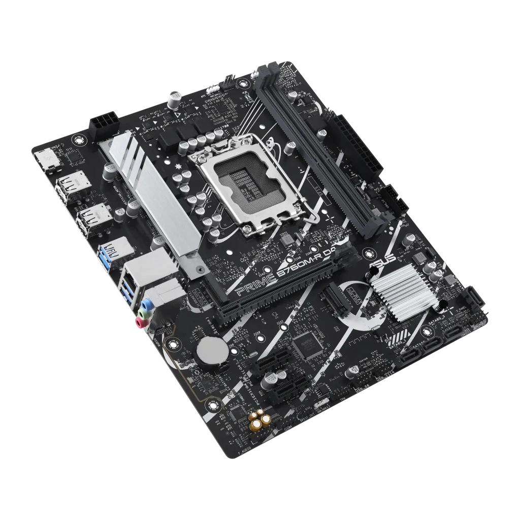 ASUS Prime B760M-R D4 preto, vista frontal com caixa: placa-mãe Micro ATX e embalagem oficial juntas - Item5