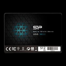 Silicon Power SSD Ace A55 512GB preto, vista frontal: etiqueta com logo SP, padrão triangular e capacidade 512GB