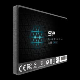 Silicon Power SSD Ace A55 512GB preto, vista em perspectiva: lateral escovada e face frontal com logo SP