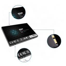 Silicon Power SSD Ace A55 512GB preto, detalhes ampliados: logo SP, conector SATA dourado e espessura 7mm