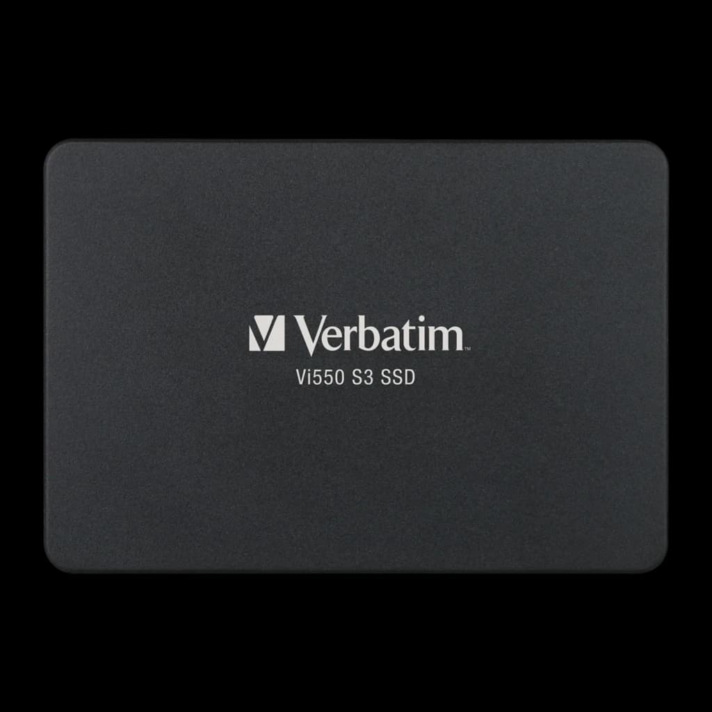 Verbatim Vi550 S3 SSD 512GB preto, vista frontal: carcaça preta mate com logótipo Verbatim e modelo centrados