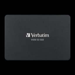 Verbatim Vi550 S3 SSD 512GB preto, vista frontal: carcaça preta mate com logótipo Verbatim e modelo centrados