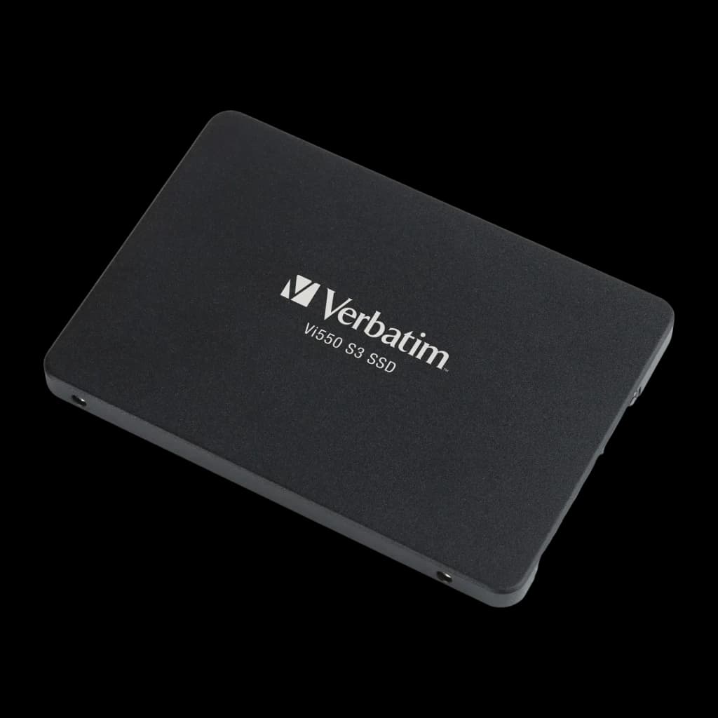 Verbatim Vi550 S3 SSD 512GB preto, vista em perspetiva: ângulo três quartos mostrando face superior e lateral direita