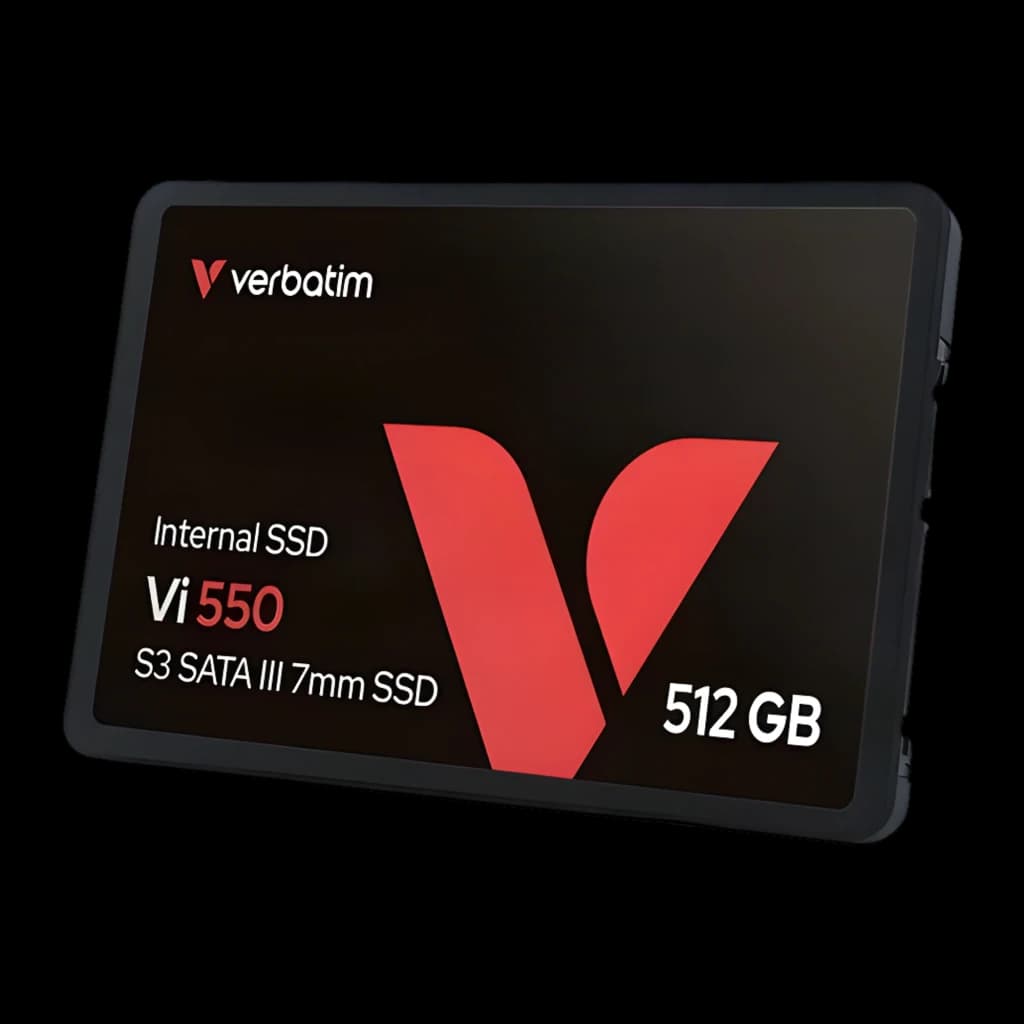 Verbatim Vi550 S3 512GB preto, vista frontal em ângulo: etiqueta com logo vermelho, modelo Vi550 e capacidade 512GB visíveis