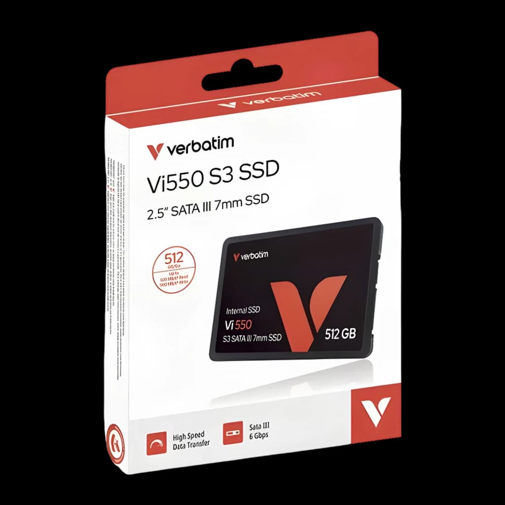 Verbatim Vi550 S3 SSD 512GB preto, caixa frontal: embalagem com unidade visível, logo e especificações SATA III 6Gbps
