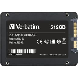 Verbatim Vi550 S3 512GB preto, vista frontal: etiqueta com logo, capacidade e conector SATA III lateral visível