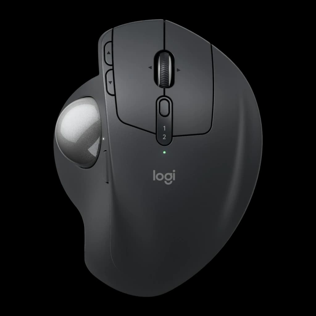 Logitech Rato Trackball MX Ergo S Grafite, vista frontal: trackball prateada, roda de scroll, botões laterais e LED verde