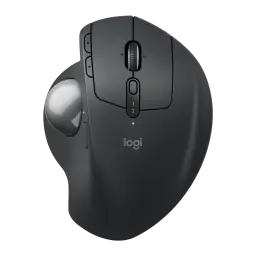 Logitech Rato Trackball MX Ergo S Grafite, vista frontal: trackball prateada, roda de scroll, botões laterais e LED verde