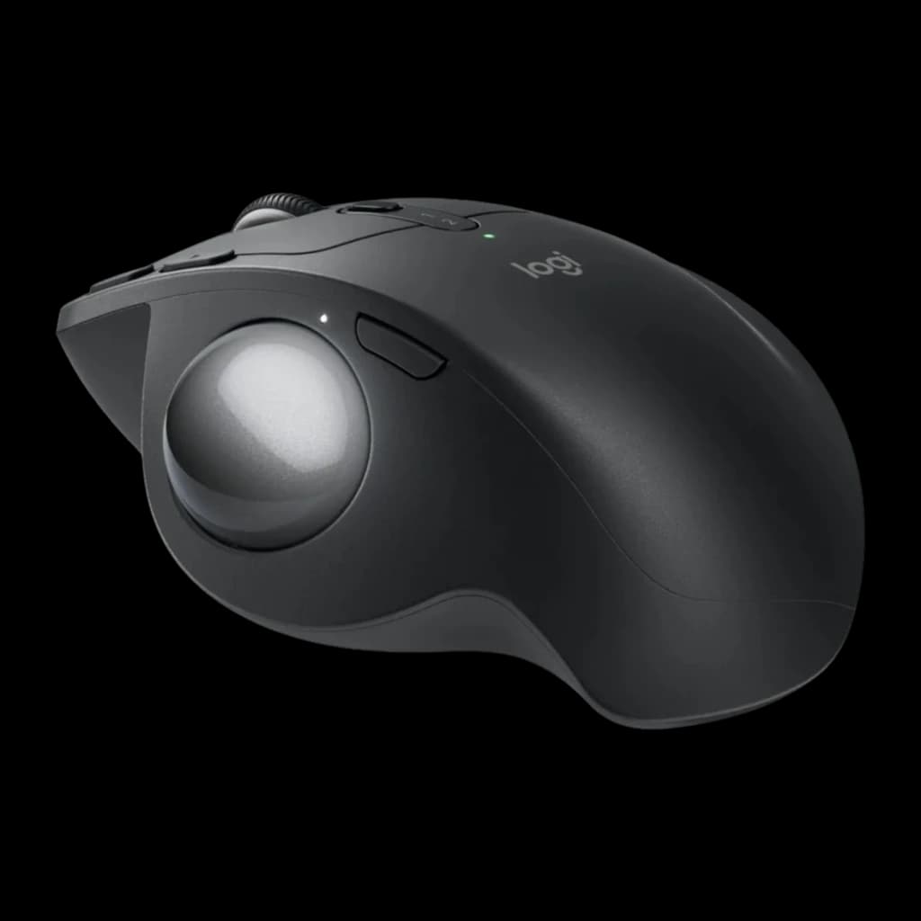 Logitech Rato Trackball MX Ergo S Grafite, vista lateral esquerda: trackball prateada em destaque, perfil ergonómico e logo