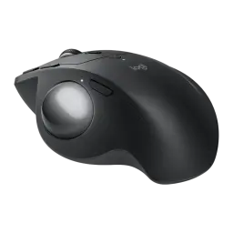 Logitech Rato Trackball MX Ergo S Grafite, vista lateral esquerda: trackball prateada em destaque, perfil ergonómico e logo