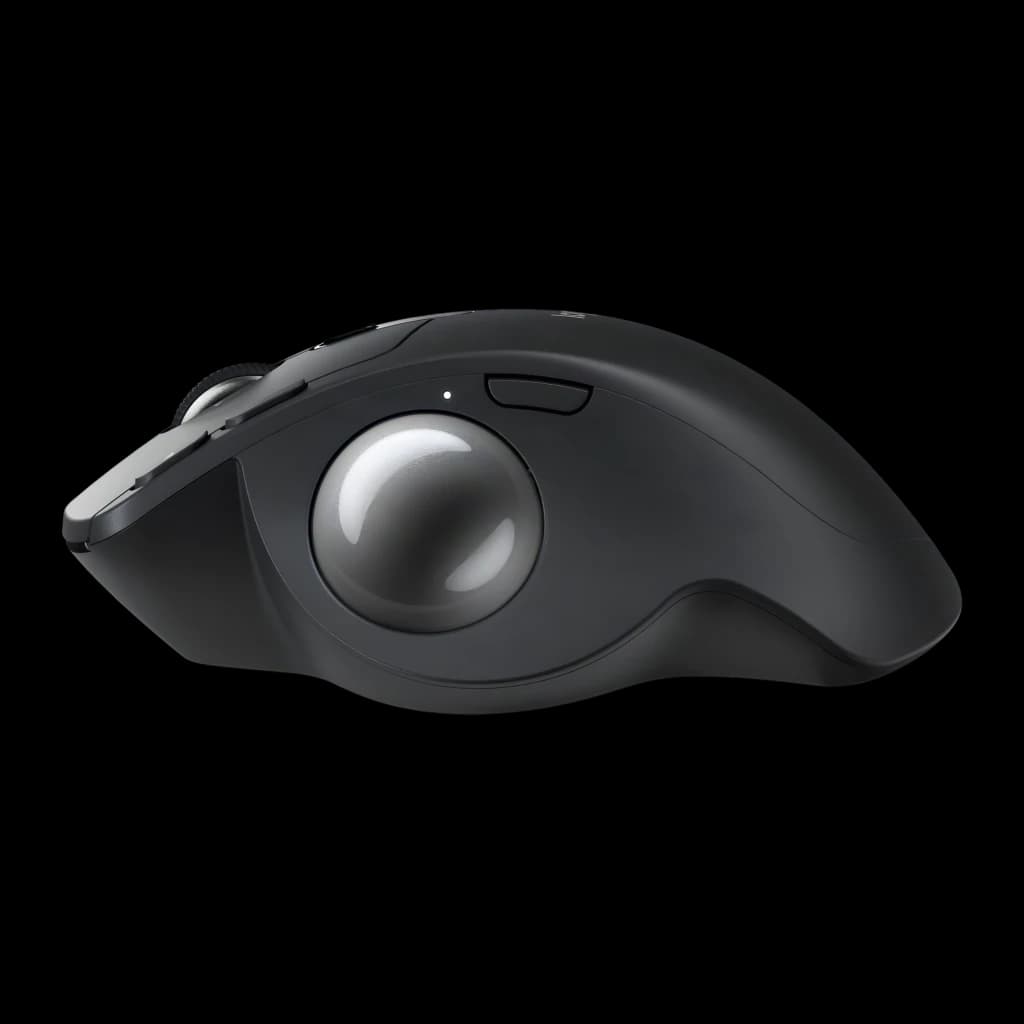 Logitech Rato Trackball MX Ergo S Grafite, vista lateral: bola trackball prateada, botões laterais e perfil ergonómico