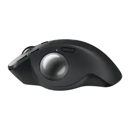 Logitech Rato Trackball MX Ergo S Grafite, vista lateral: bola trackball prateada, botões laterais e perfil ergonómico