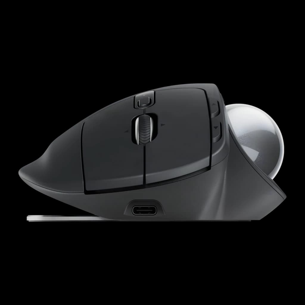 Logitech Rato Trackball MX Ergo S Grafite, vista lateral: roda de deslocamento, botões laterais, porta USB-C e trackball