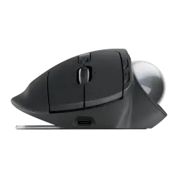 Logitech Rato Trackball MX Ergo S Grafite, vista lateral: roda de deslocamento, botões laterais, porta USB-C e trackball