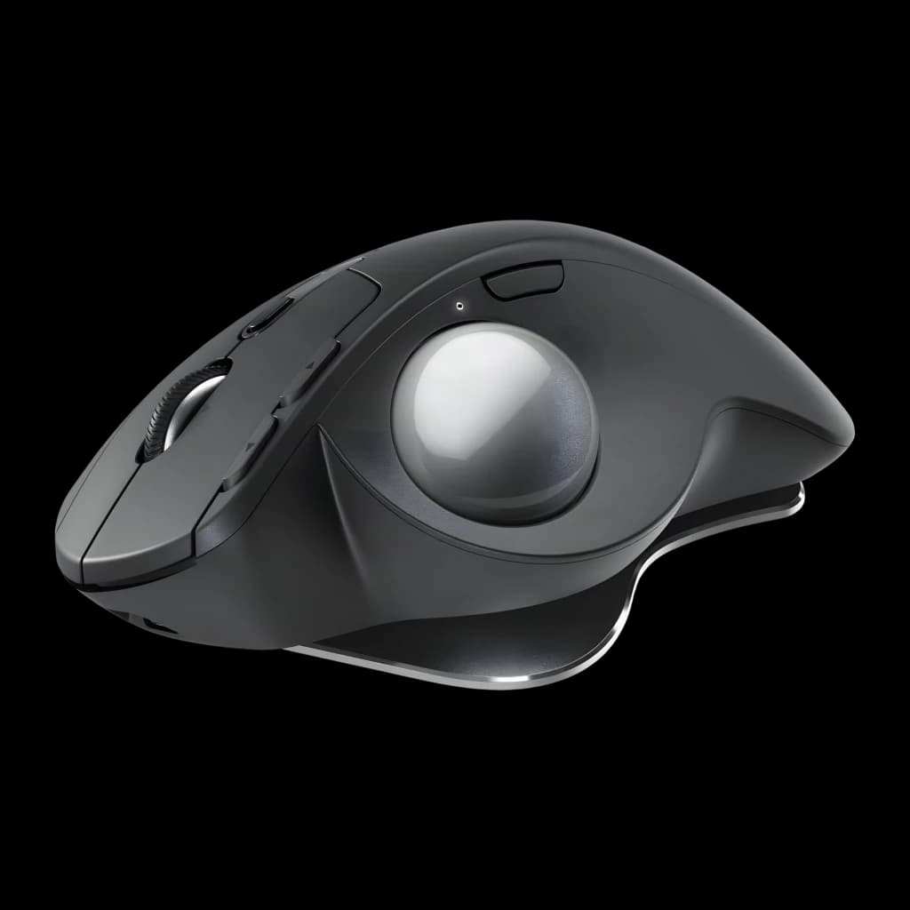 Logitech Rato Trackball MX Ergo S Grafite, vista lateral: trackball prateada, roda de deslocamento e botões laterais visíveis