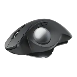 Logitech Rato Trackball MX Ergo S Grafite, vista lateral: trackball prateada, roda de deslocamento e botões laterais visíveis