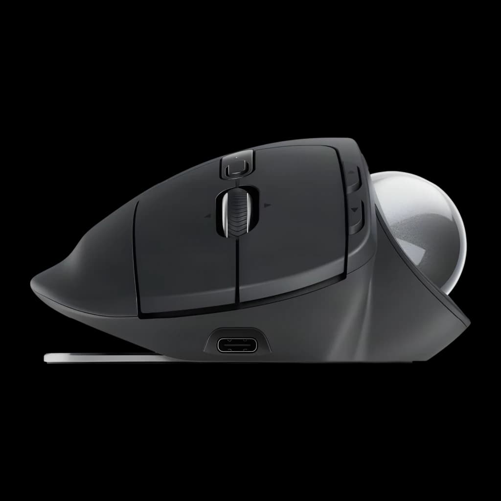 Logitech Rato Trackball MX Ergo S Grafite, vista lateral: roda de deslocamento, botões e porta USB-C visíveis