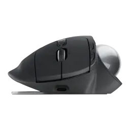 Logitech Rato Trackball MX Ergo S Grafite, vista lateral: roda de deslocamento, botões e porta USB-C visíveis