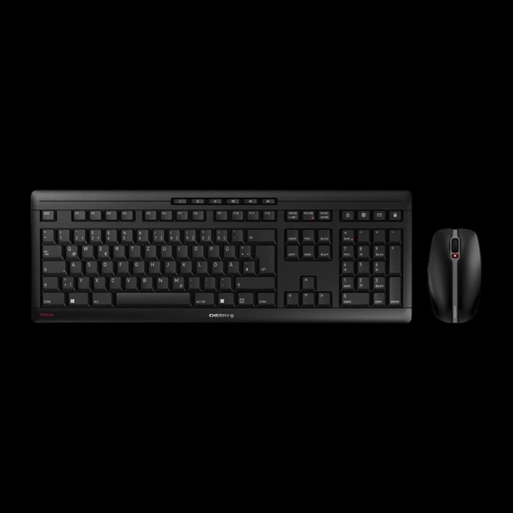 CHERRY Stream Desktop negro, vista superior: teclado completo con teclado numérico y ratón inalámbrico negro junto a él