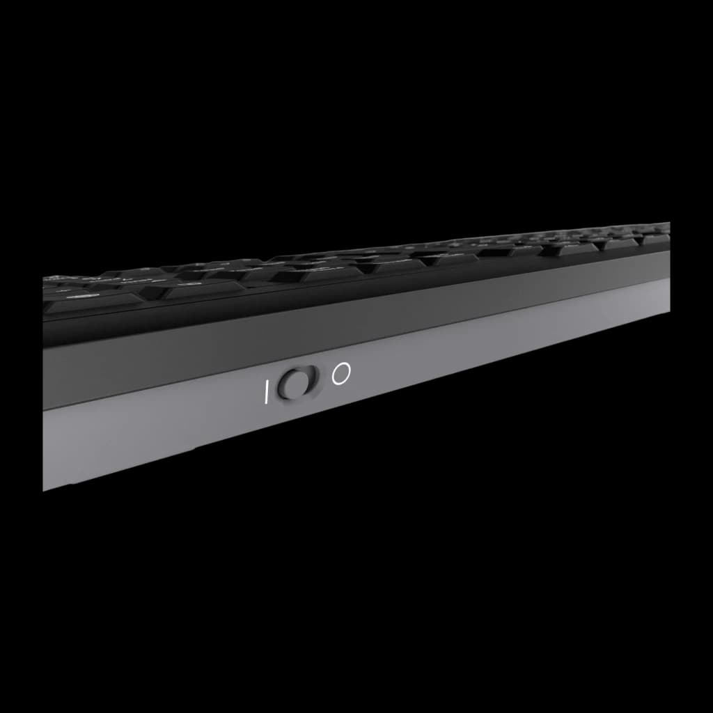 CHERRY Stream Desktop negro, detalle lateral: interruptor de encendido y teclas en primer plano en ángulo