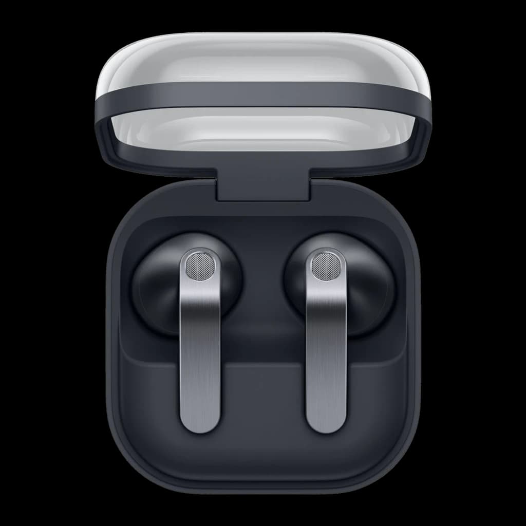 Samsung Galaxy Buds 4 SM-R540 preto, vista superior: estojo aberto com auriculares dentro e hastes metálicas prateadas
