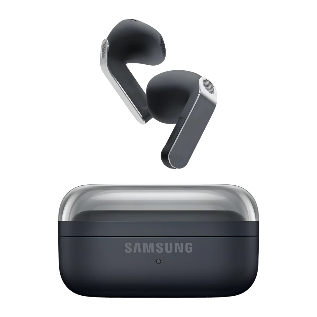 Samsung Galaxy Buds 4 SM-R540 negro, vista superior: estuche abierto con auriculares dentro y tallos metálicos plateados - Ítem1