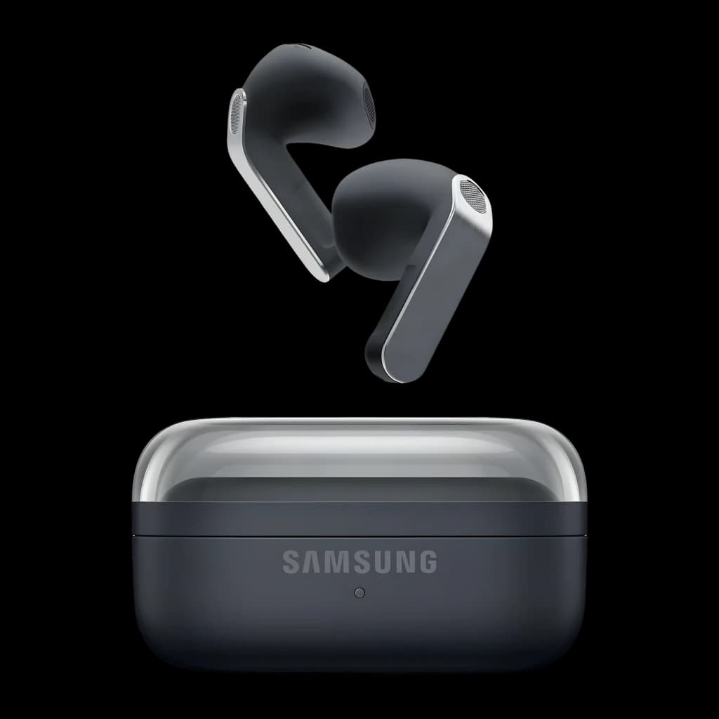 Samsung Galaxy Buds 4 SM-R540 Preto, vista frontal: auriculares flutuando sobre estojo fechado com acabamento bicolor cinza