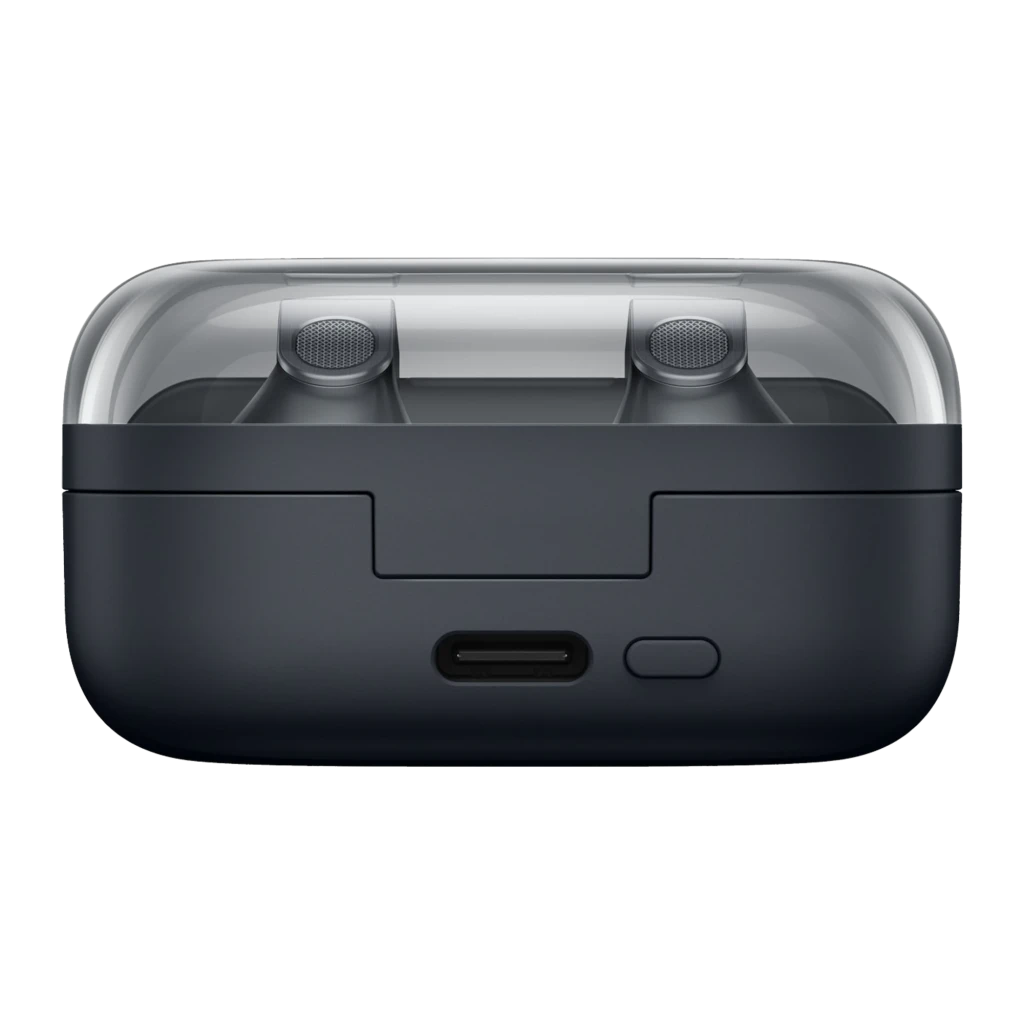 Samsung Galaxy Buds 4 SM-R540 negro, vista superior: estuche abierto con auriculares dentro y tallos metálicos plateados - Ítem3