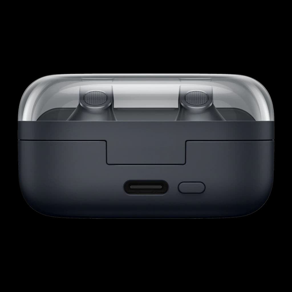 Samsung Galaxy Buds 4 SM-R540 preto, vista traseira: estojo fechado com porta USB-C e botão na parte inferior