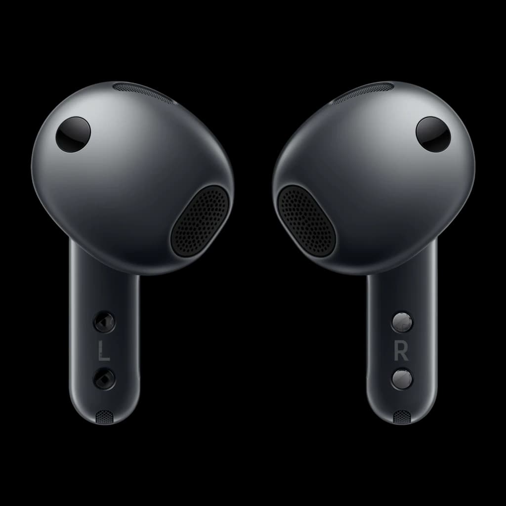 Samsung Galaxy Buds 4 SM-R540 preto, vista frontal: auriculares esquerdo e direito com grades e marcações L e R visíveis