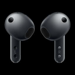 Samsung Galaxy Buds 4 SM-R540 preto, vista frontal: auriculares esquerdo e direito com grades e marcações L e R visíveis