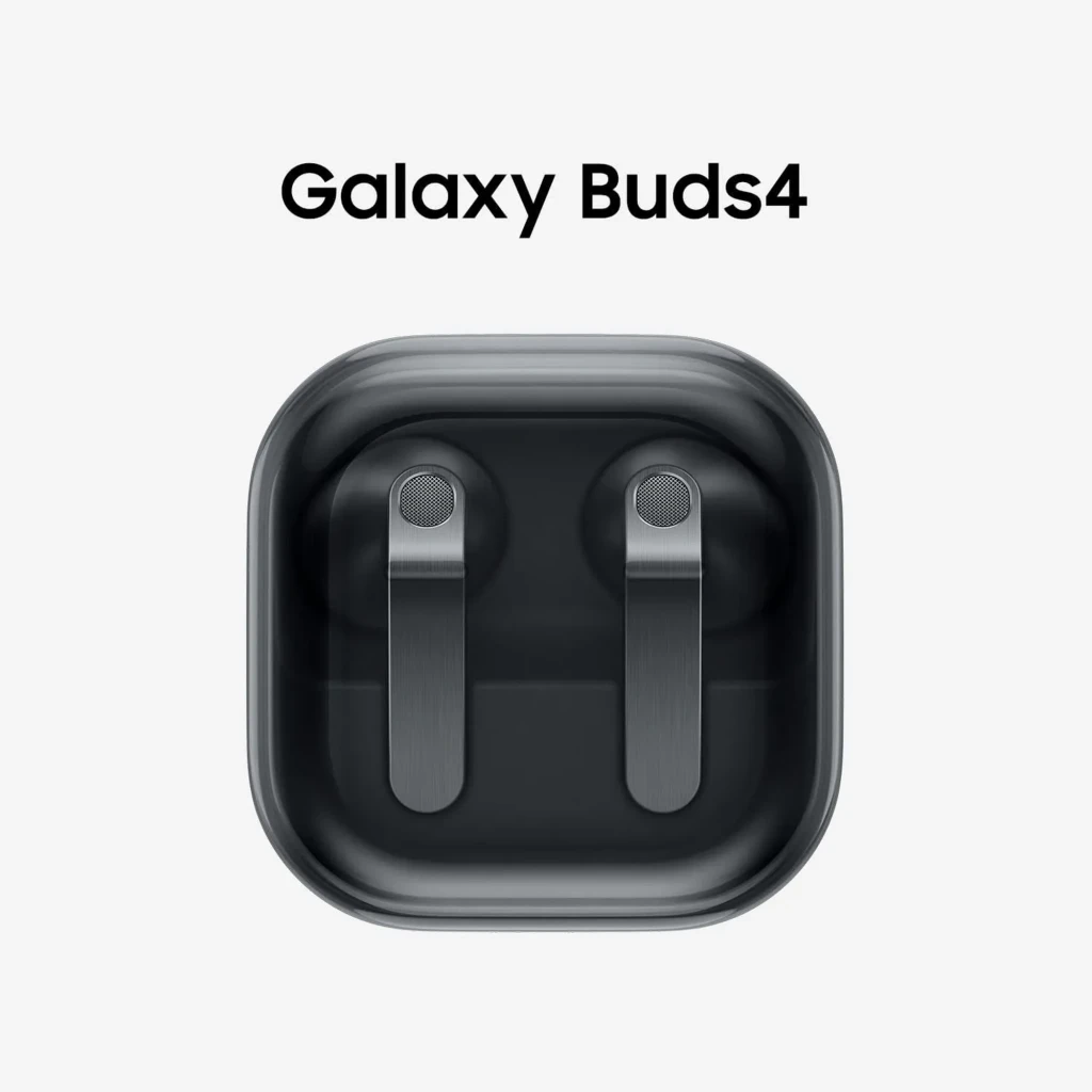 Samsung Galaxy Buds 4 SM-R540 negro, vista superior: estuche abierto con auriculares dentro y tallos metálicos plateados - Ítem5