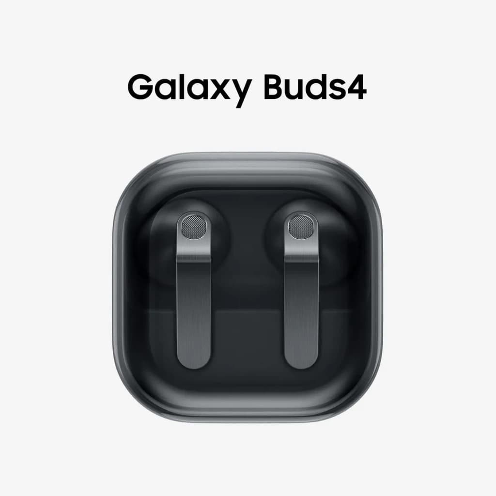 Samsung Galaxy Buds 4 SM-R540 preto, vista superior: estojo aberto com os dois auriculares no interior