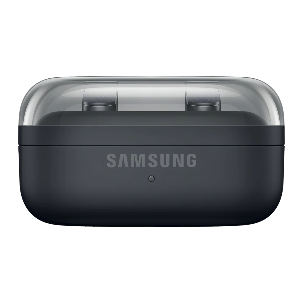 Samsung Galaxy Buds 4 SM-R540 negro, vista superior: estuche abierto con auriculares dentro y tallos metálicos plateados - Ítem2