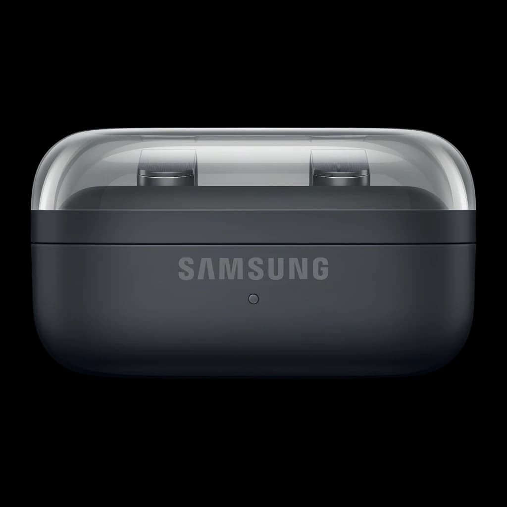 Samsung Galaxy Buds 4 SM-R540 preto, vista frontal: estojo aberto preto com tampa transparente e logo Samsung